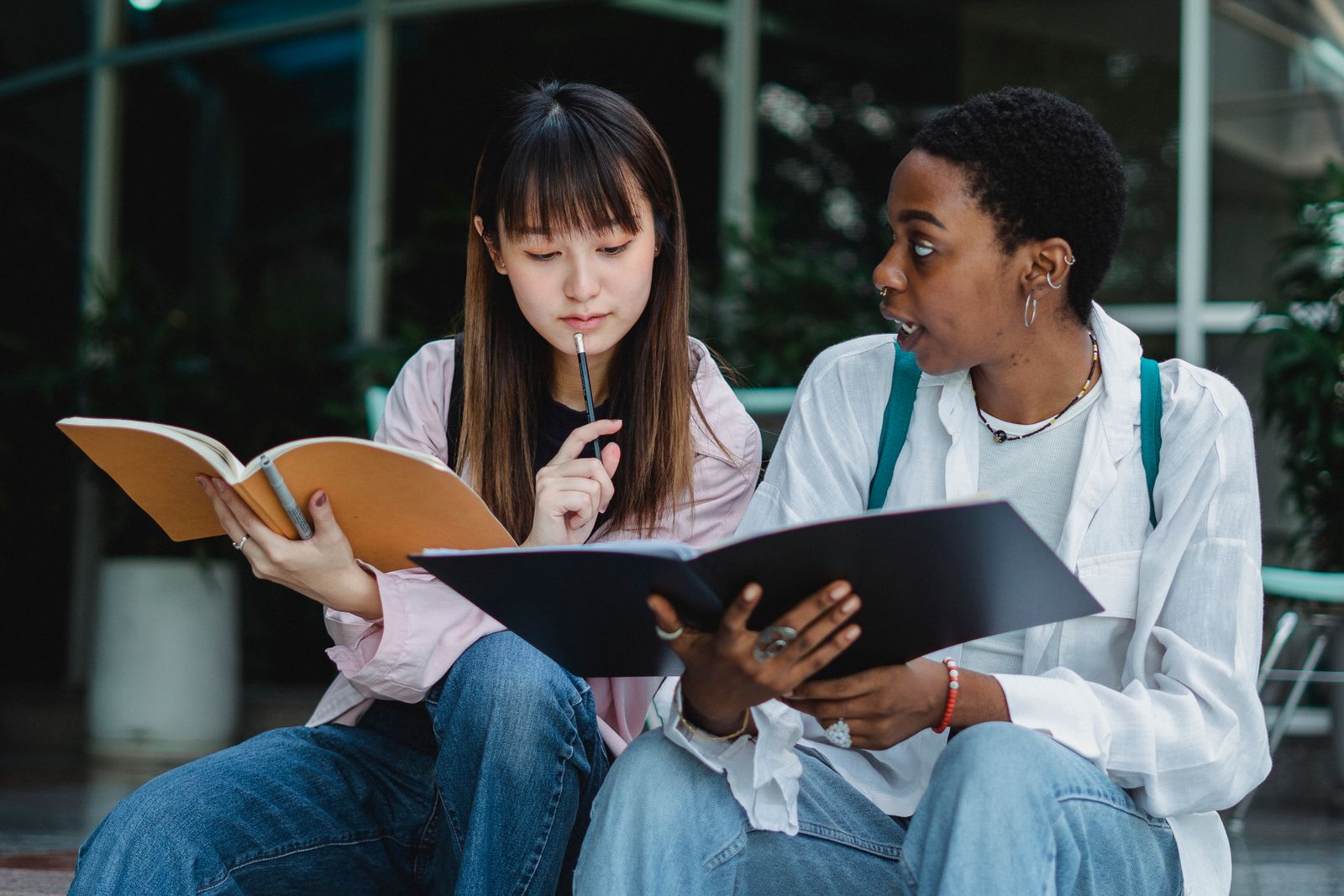 Two people studying together with books